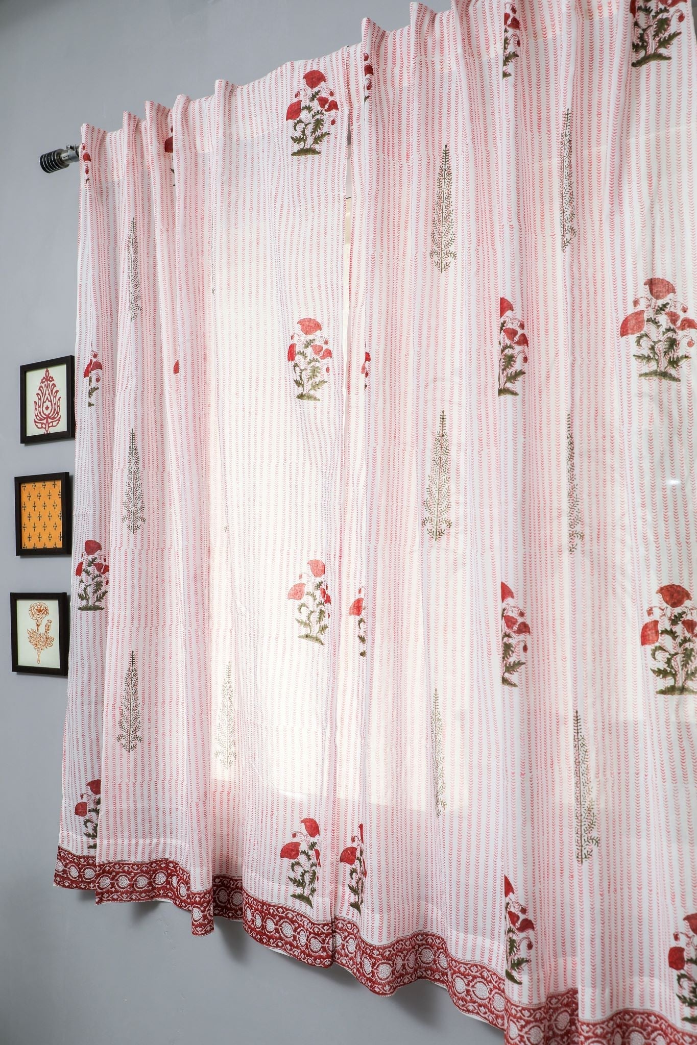 'Red Retreat' Handblock Printed Cotton Window Curtain - SootiSyahi