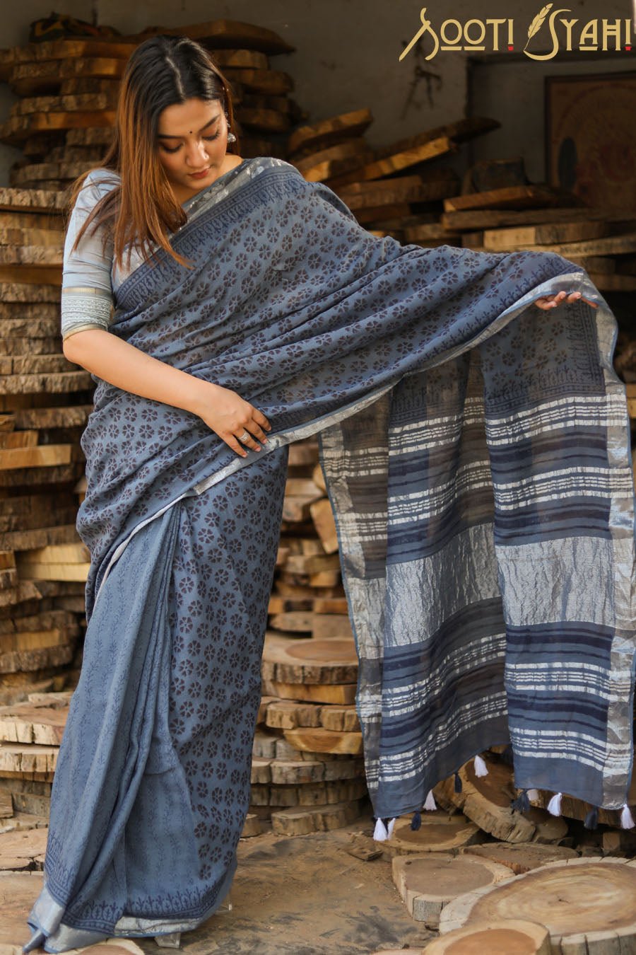 "REFLECTION" HANDBLOCK PRINT SLUB COTTON SAREE - SootiSyahi