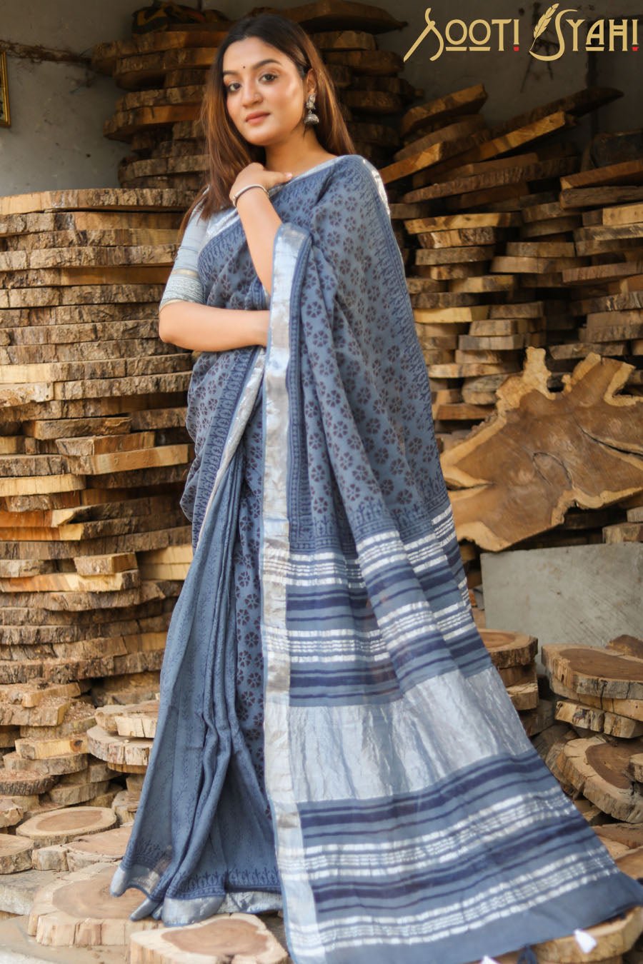 "REFLECTION" HANDBLOCK PRINT SLUB COTTON SAREE - SootiSyahi