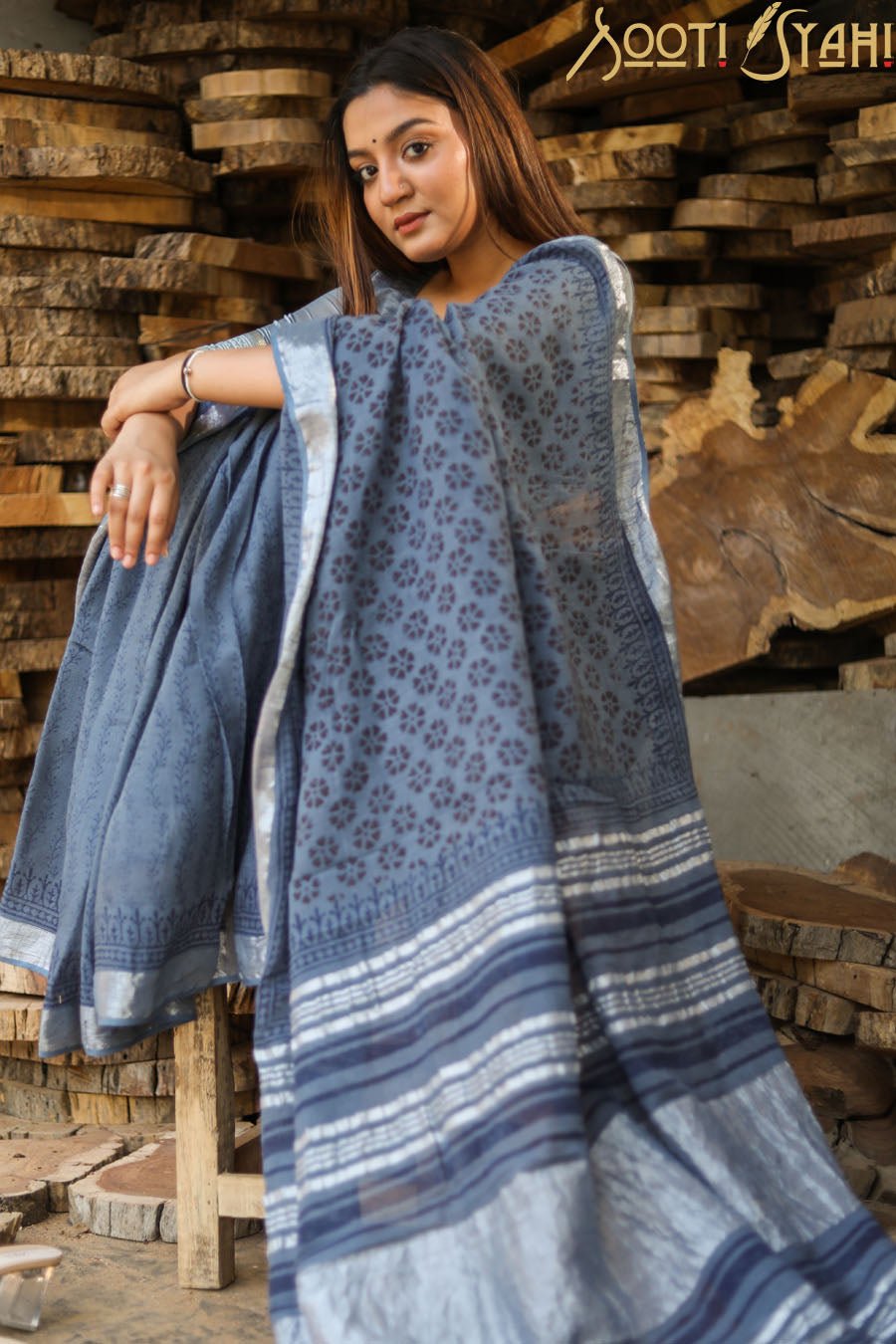 "REFLECTION" HANDBLOCK PRINT SLUB COTTON SAREE - SootiSyahi