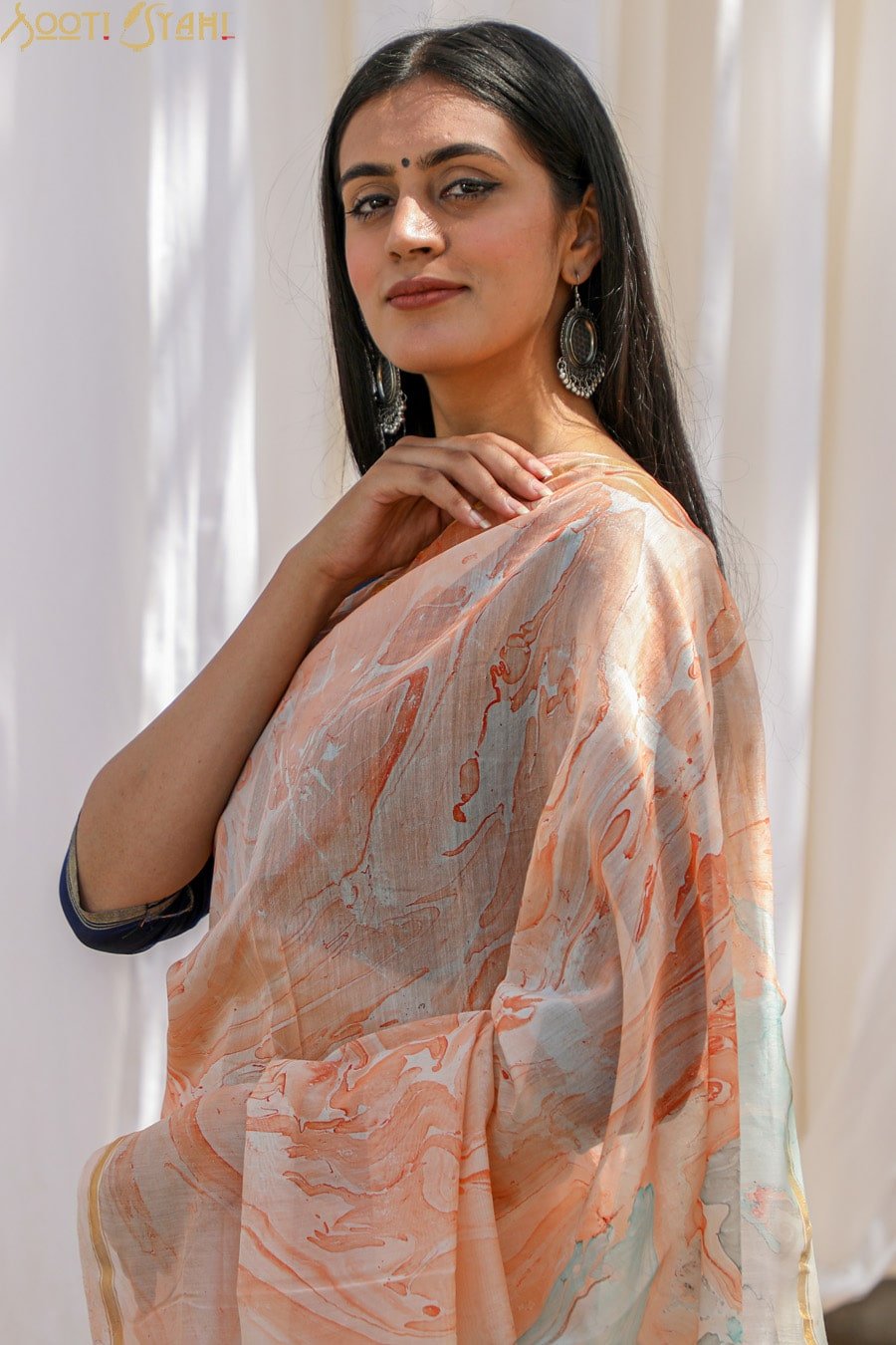 "REJUVENATION" HAND MARBLE PRINT CHANDERI SILK SAREE - SootiSyahi