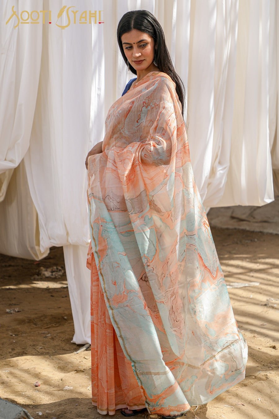 "REJUVENATION" HAND MARBLE PRINT CHANDERI SILK SAREE - SootiSyahi