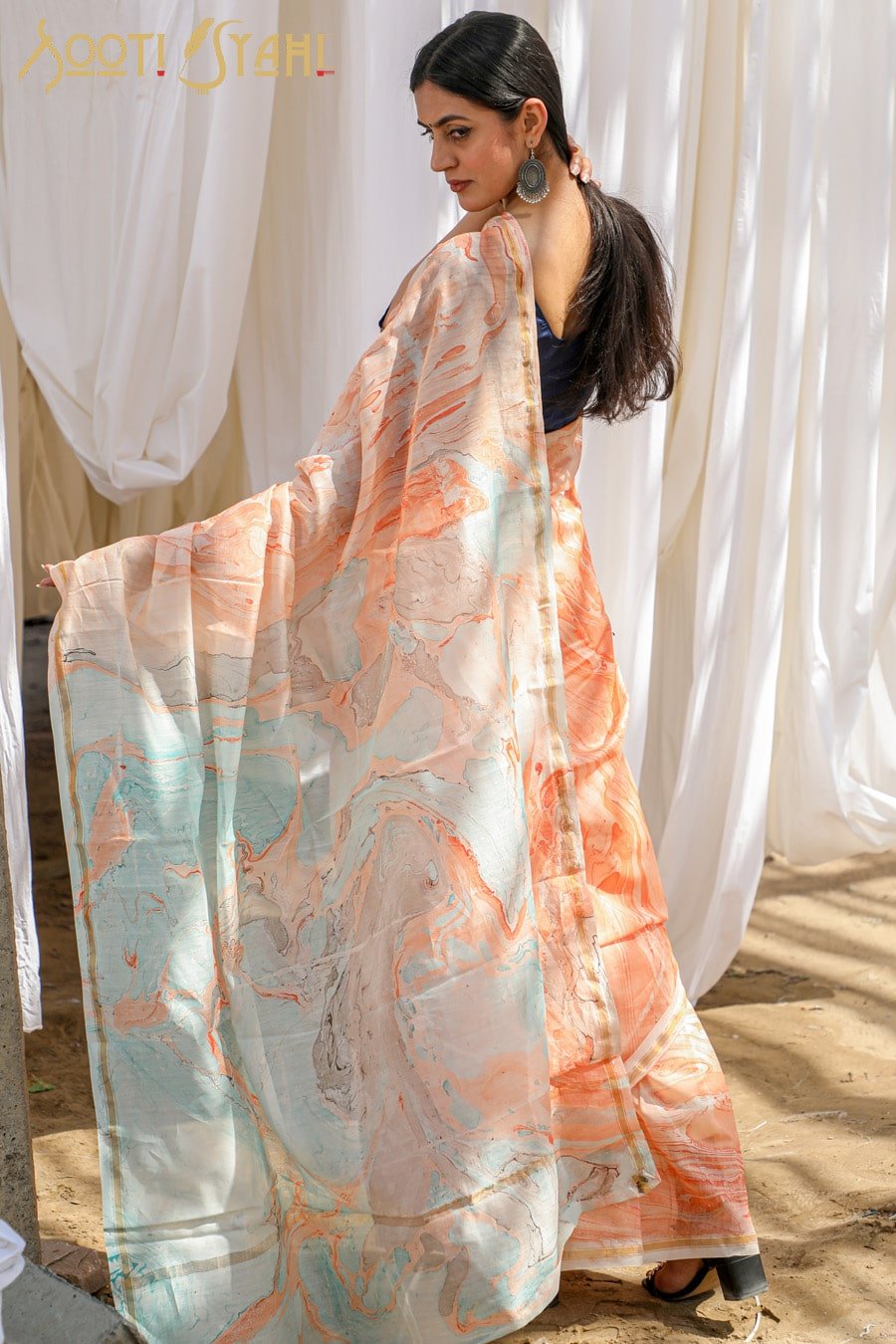 "REJUVENATION" HAND MARBLE PRINT CHANDERI SILK SAREE - SootiSyahi