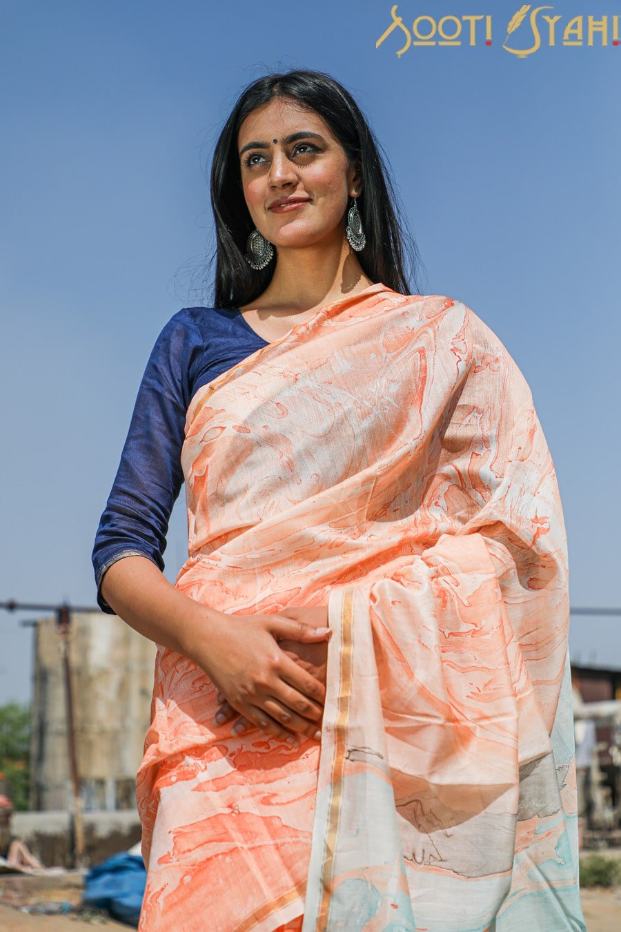 "REJUVENATION" HAND MARBLE PRINT CHANDERI SILK SAREE - SootiSyahi