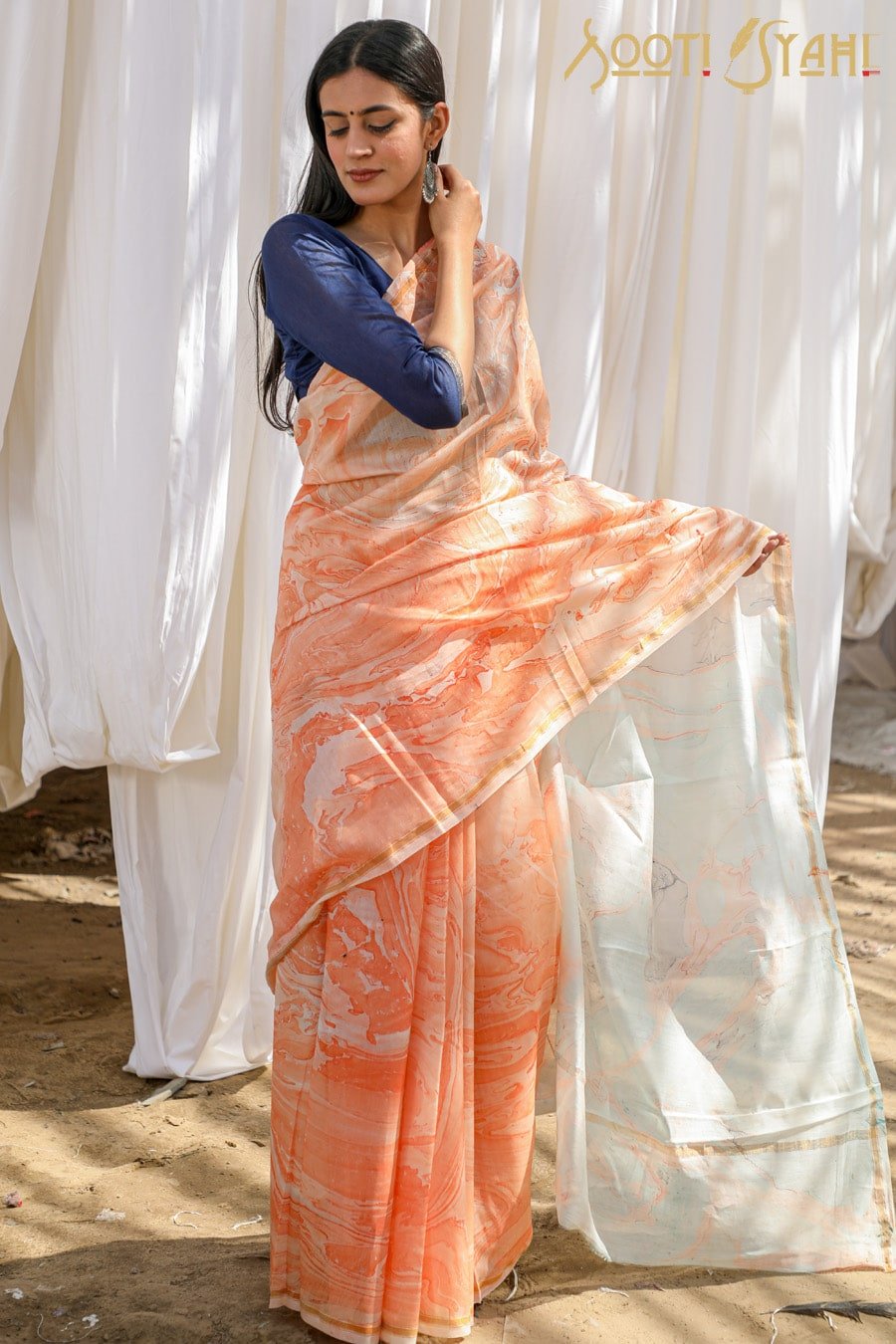 "REJUVENATION" HAND MARBLE PRINT CHANDERI SILK SAREE - SootiSyahi