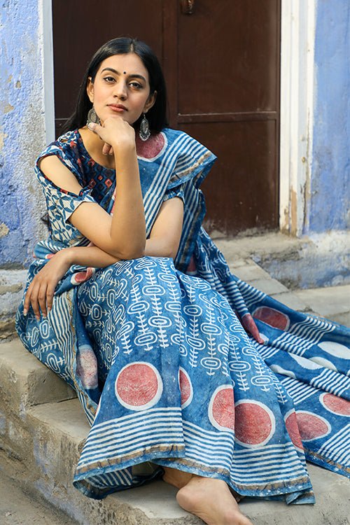 "RESISTANCE" INDIGO HANDBLOCK PRINT CHANDERI SILK - SootiSyahi