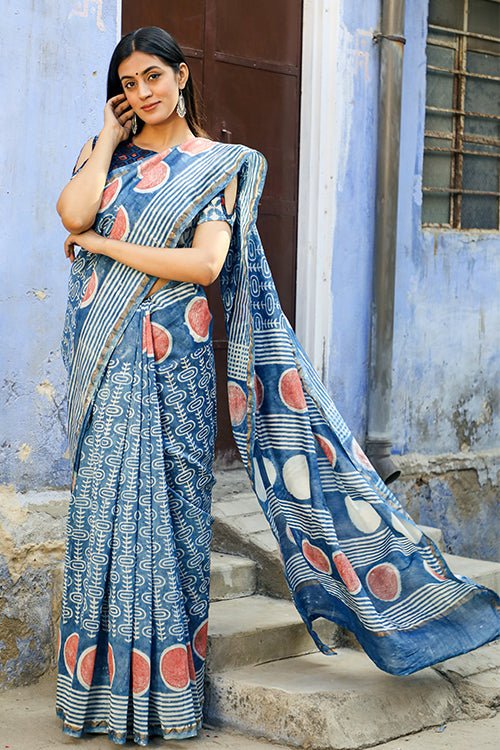 "RESISTANCE" INDIGO HANDBLOCK PRINT CHANDERI SILK - SootiSyahi