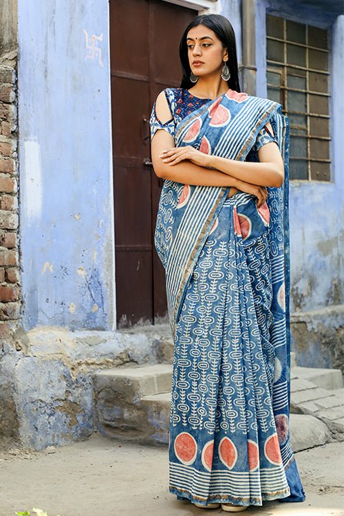 "RESISTANCE" INDIGO HANDBLOCK PRINT CHANDERI SILK - SootiSyahi