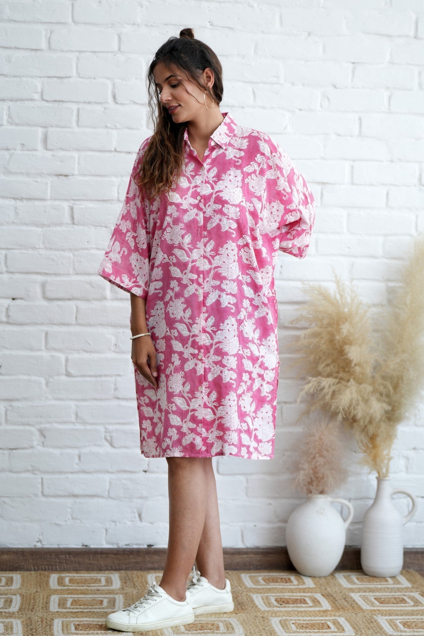 Rosella in Pink Hand Block Printed Oversize Shirt - SootiSyahi