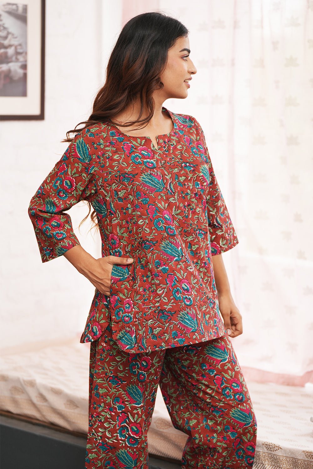 Rustic Scarlet Forest Block Printed Night suit - SootiSyahi
