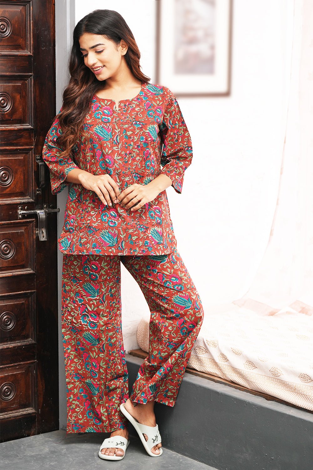 Rustic Scarlet Forest Block Printed Night suit - SootiSyahi