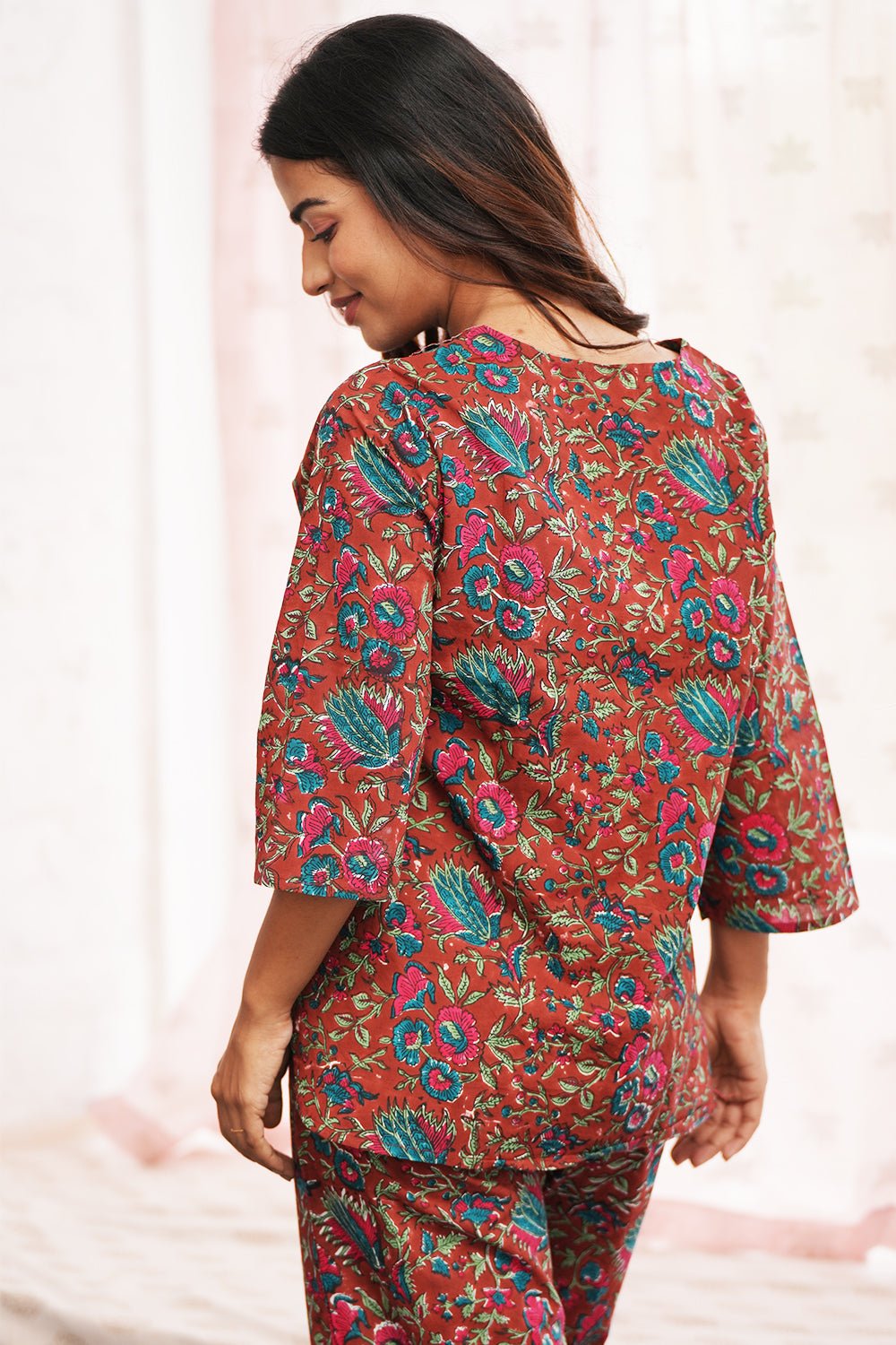 Rustic Scarlet Forest Block Printed Night suit - SootiSyahi