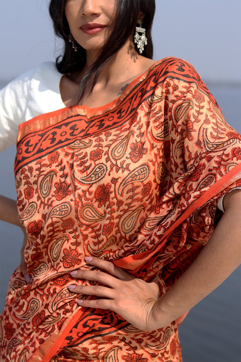Saffron Flint Handblock Printed Chanderi Saree - SootiSyahi