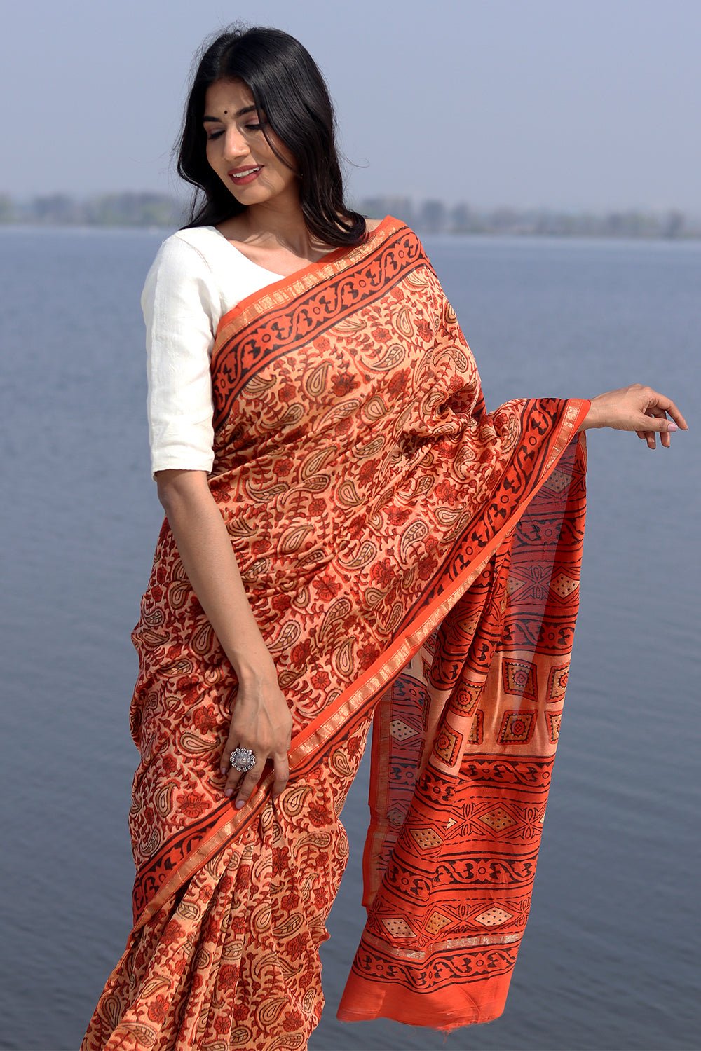 Saffron Flint Handblock Printed Chanderi Saree - SootiSyahi