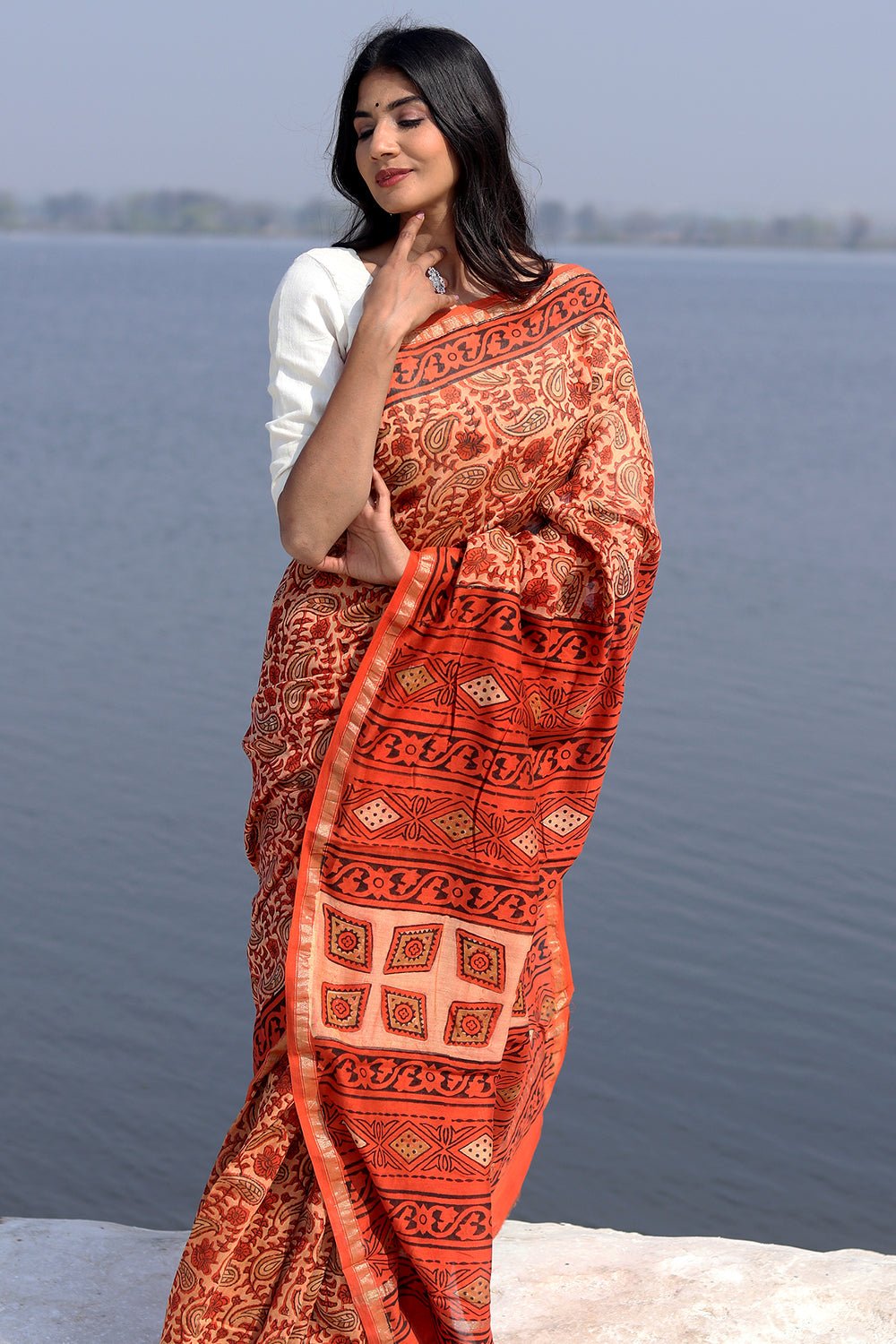 Saffron Flint Handblock Printed Chanderi Saree - SootiSyahi