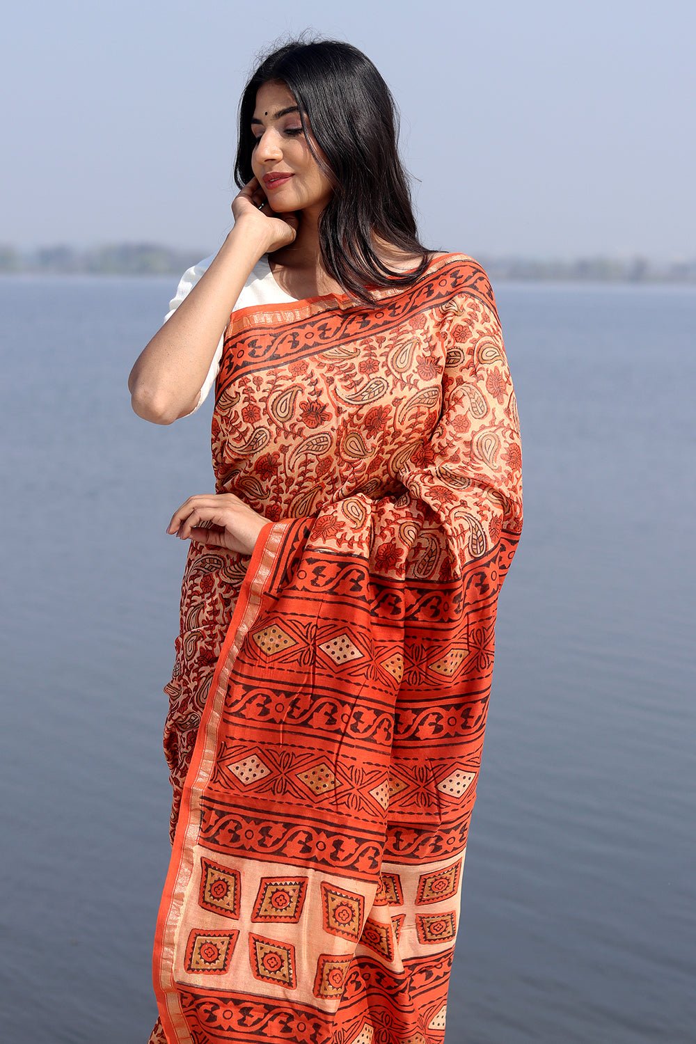 Saffron Flint Handblock Printed Chanderi Saree - SootiSyahi