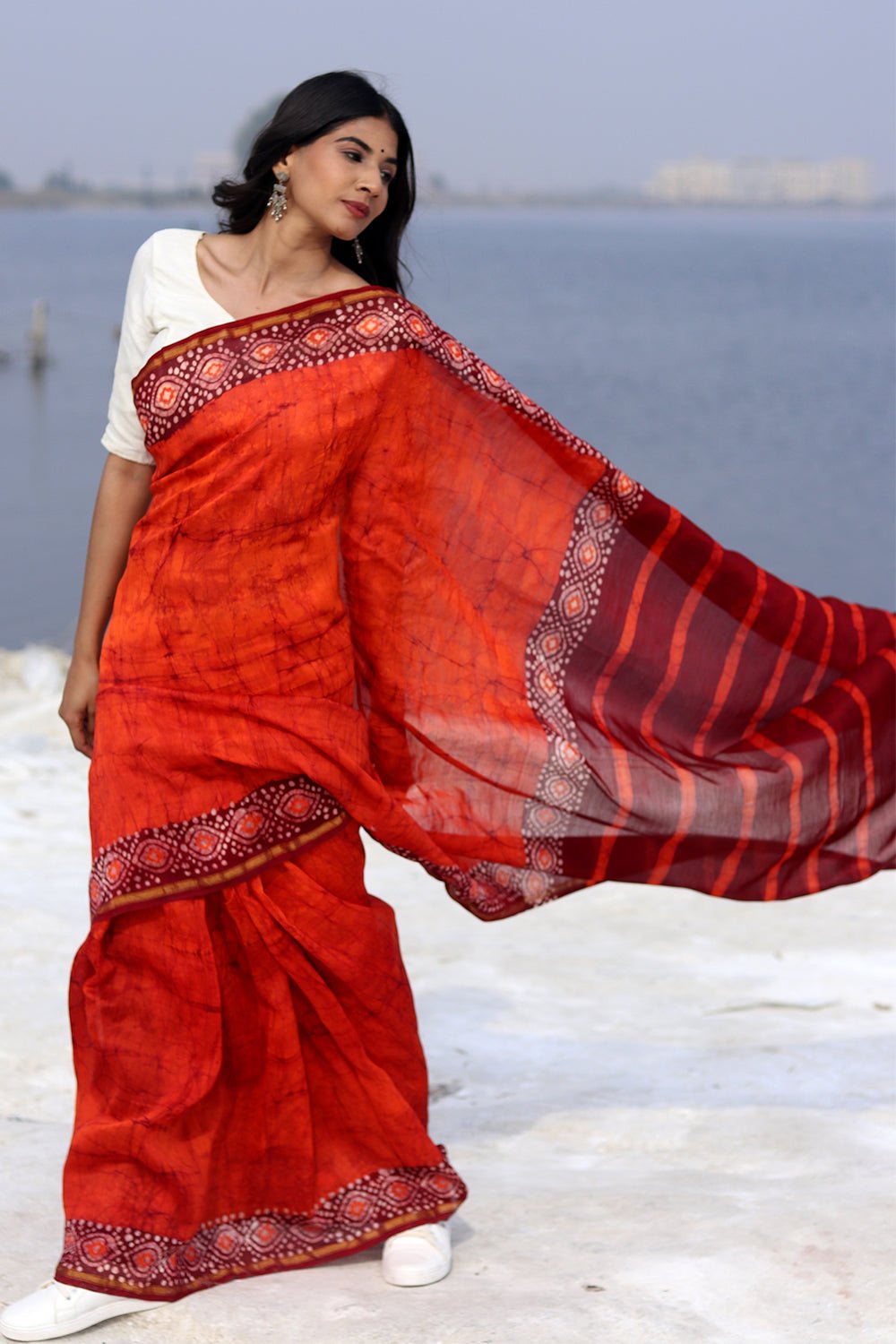 "Saffron Serene" Batik Chanderi Saree - SootiSyahi