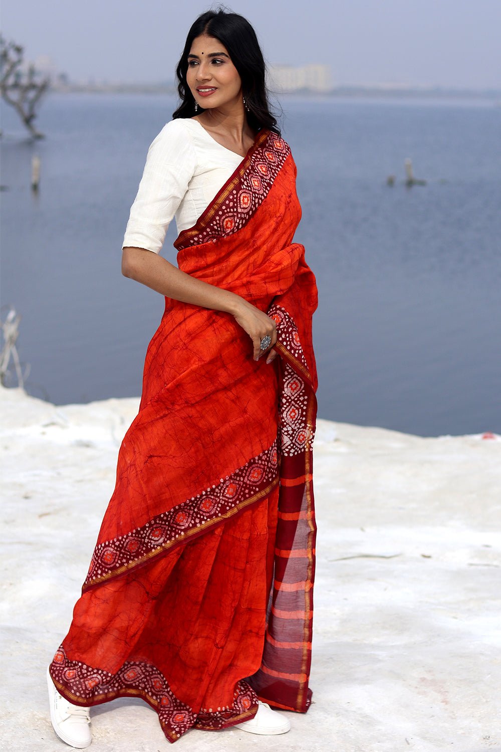 "Saffron Serene" Batik Chanderi Saree - SootiSyahi