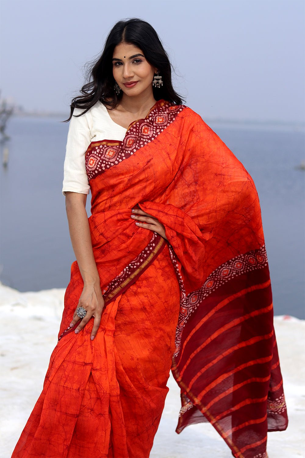 "Saffron Serene" Batik Chanderi Saree - SootiSyahi
