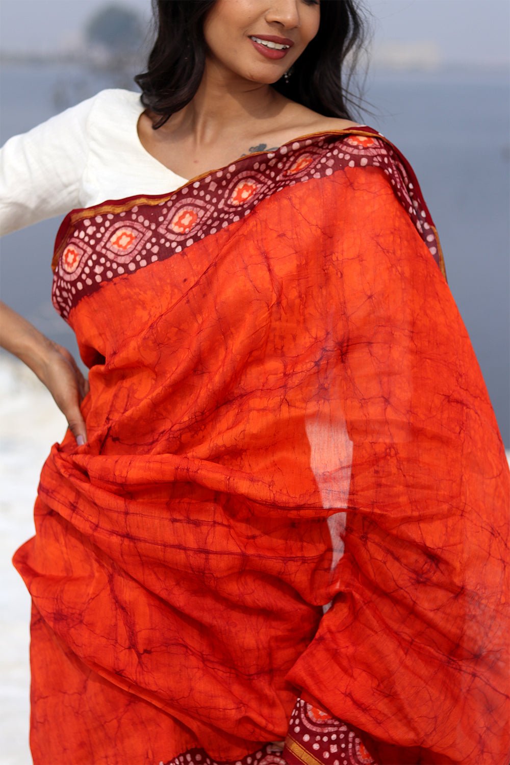 "Saffron Serene" Batik Chanderi Saree - SootiSyahi