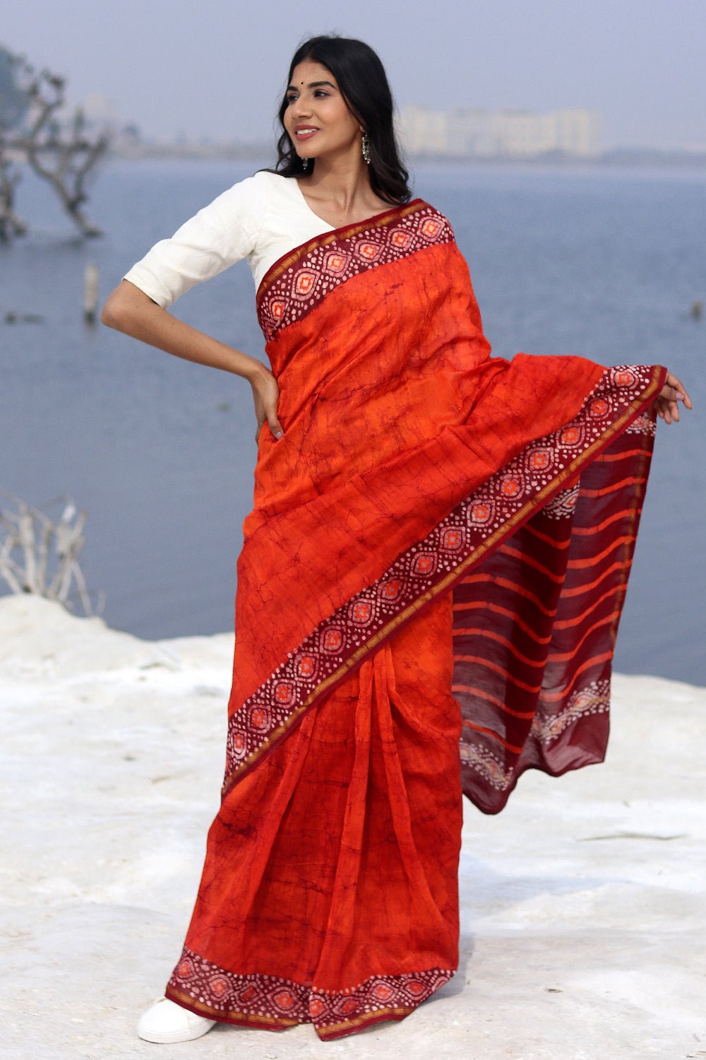 "Saffron Serene" Batik Chanderi Saree - SootiSyahi
