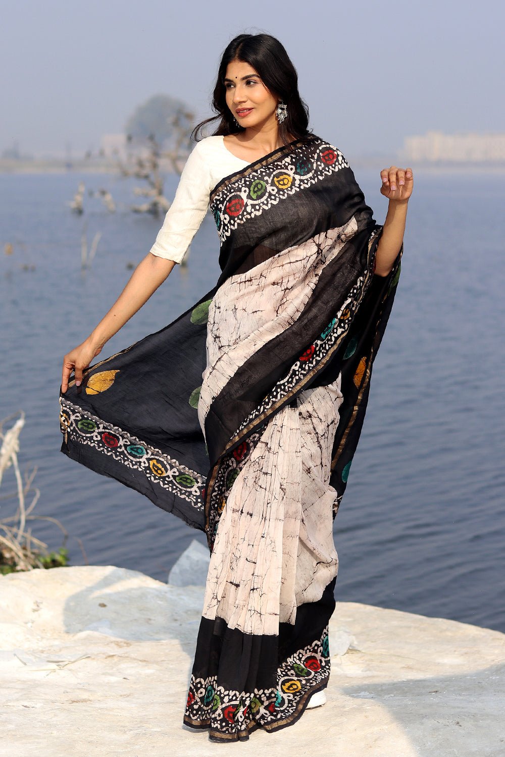 "Salt & Pepper" Batik Chanderi Saree - SootiSyahi