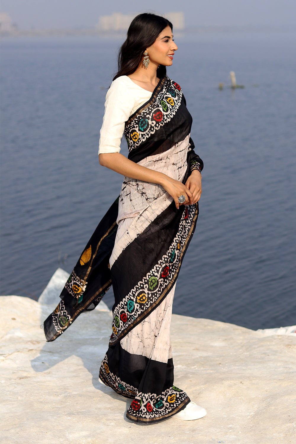 "Salt & Pepper" Batik Chanderi Saree - SootiSyahi