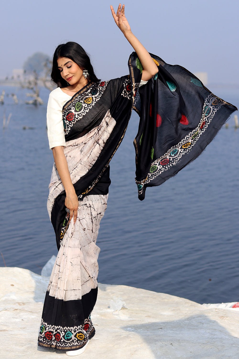"Salt & Pepper" Batik Chanderi Saree - SootiSyahi