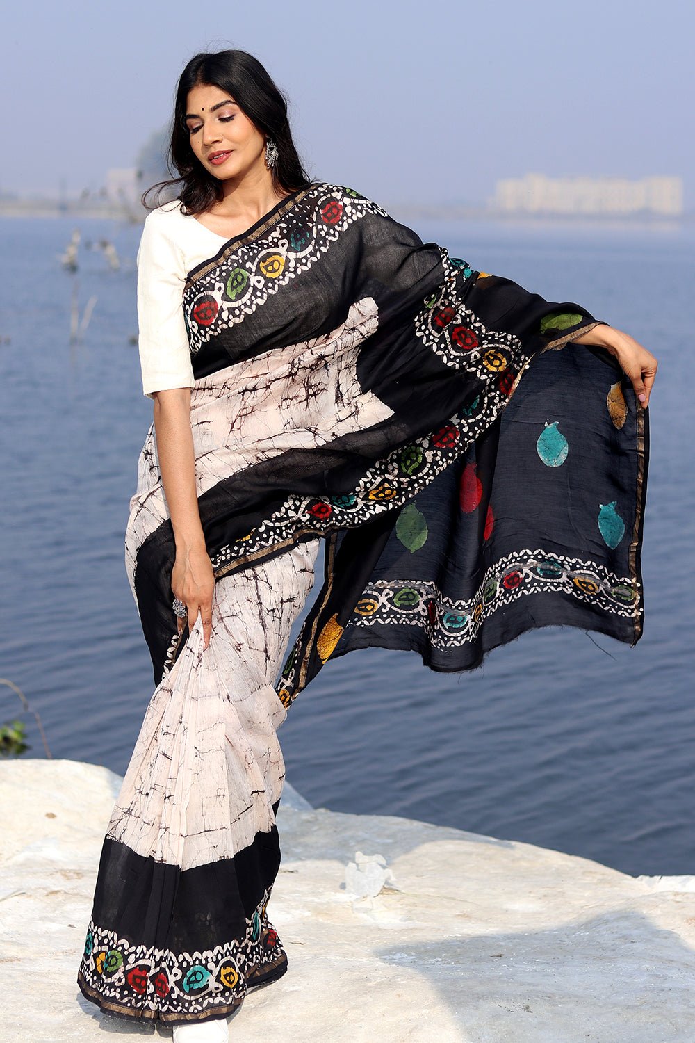 "Salt & Pepper" Batik Chanderi Saree - SootiSyahi