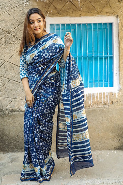 "SALVATION" INDIGO HANDBLOCK PRINT CHANDERI SILK - SootiSyahi