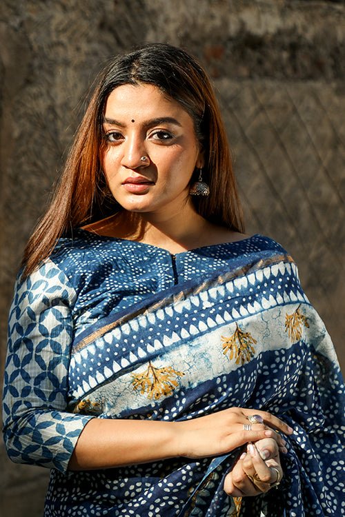 "SALVATION" INDIGO HANDBLOCK PRINT CHANDERI SILK - SootiSyahi