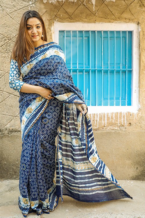 "SALVATION" INDIGO HANDBLOCK PRINT CHANDERI SILK - SootiSyahi
