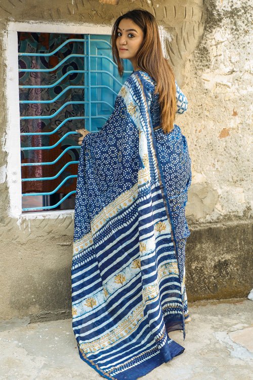 "SALVATION" INDIGO HANDBLOCK PRINT CHANDERI SILK - SootiSyahi