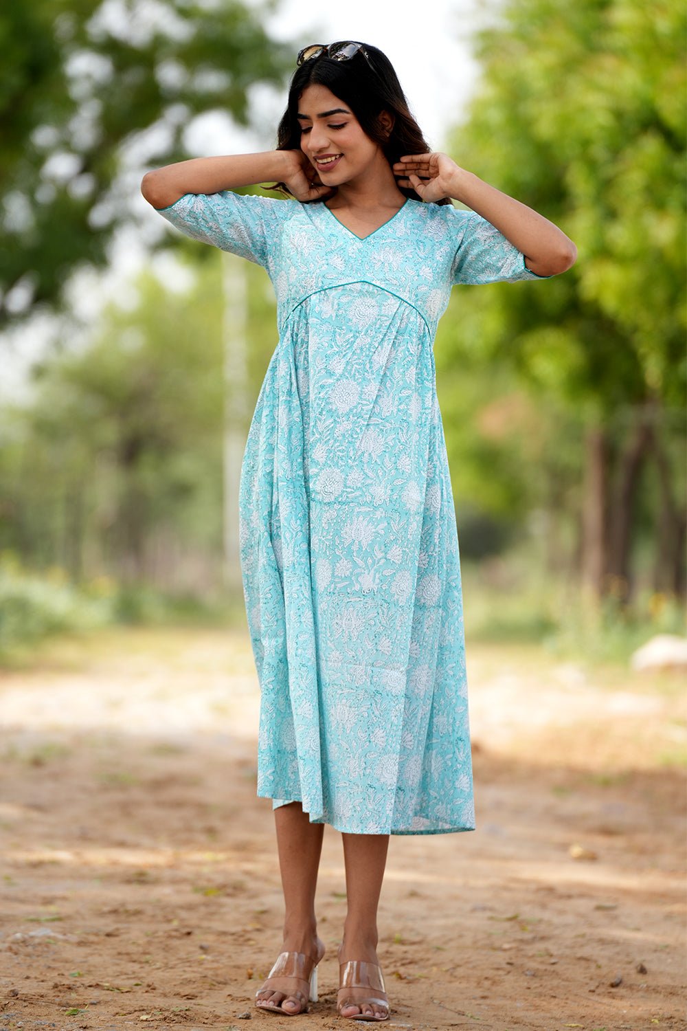 Sapphire Surf Handblock Printed Cotton Dress - SootiSyahi