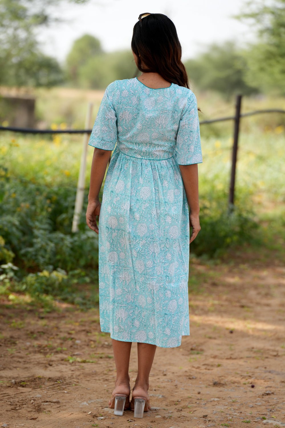 Sapphire Surf Handblock Printed Cotton Dress - SootiSyahi