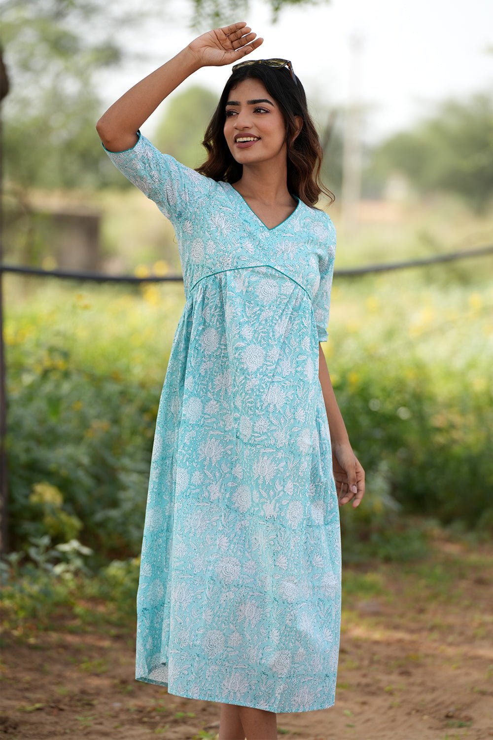 Sapphire Surf Handblock Printed Cotton Dress - SootiSyahi