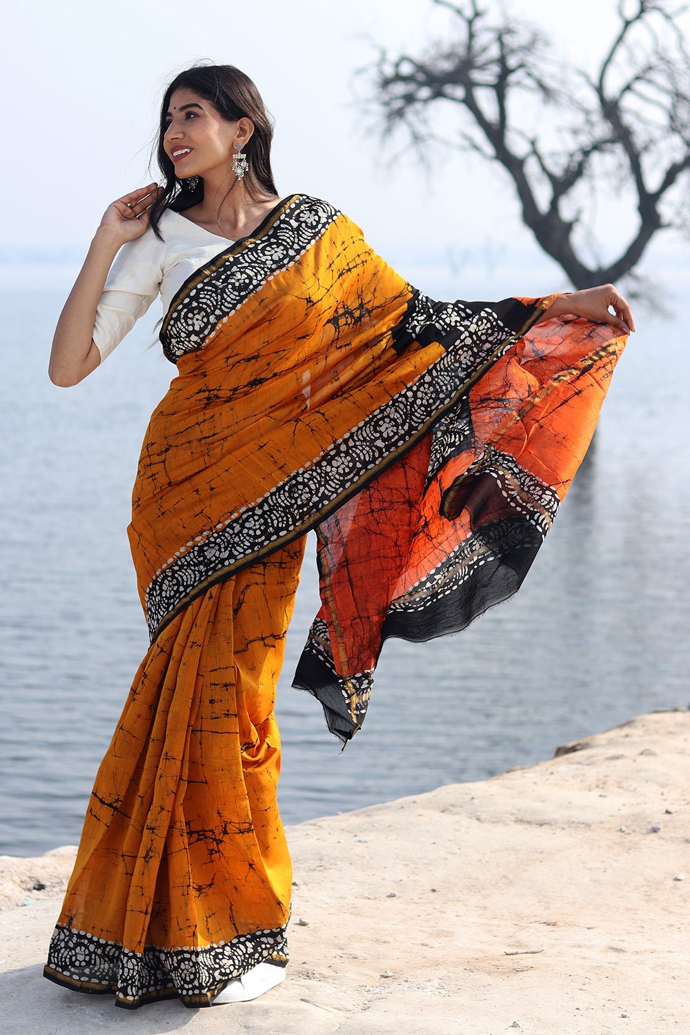 "Scarlet Symphony" Batik Chanderi Saree - SootiSyahi