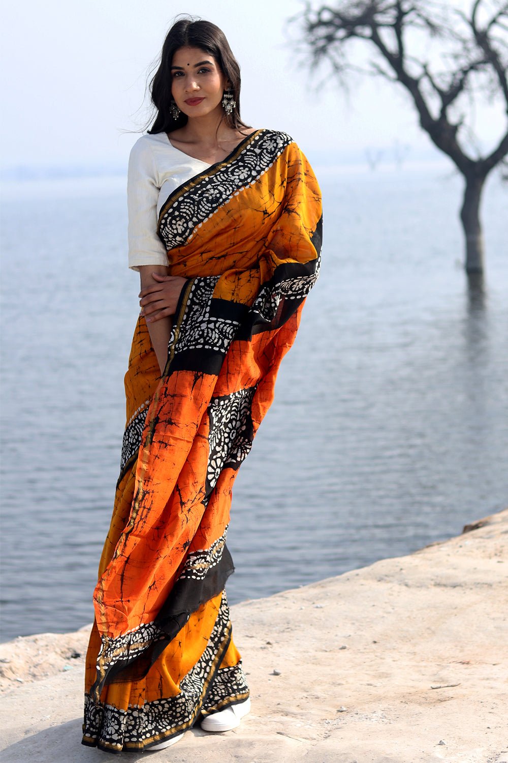 "Scarlet Symphony" Batik Chanderi Saree - SootiSyahi