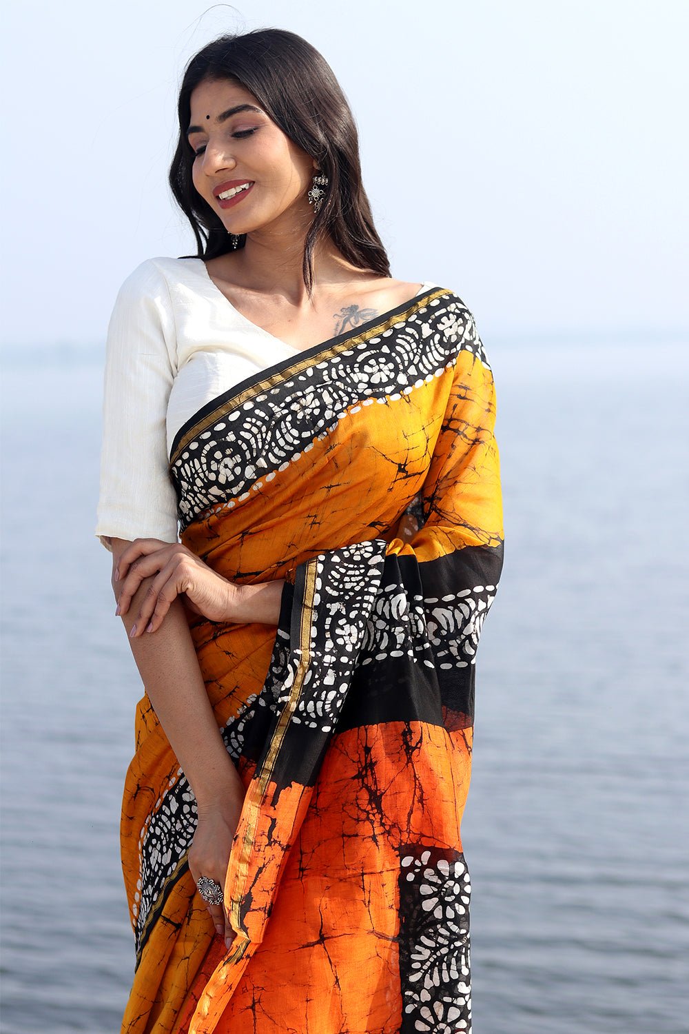 "Scarlet Symphony" Batik Chanderi Saree - SootiSyahi