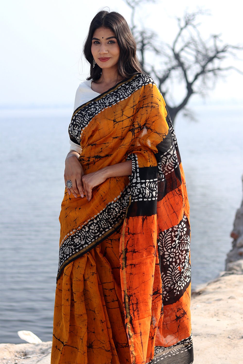 "Scarlet Symphony" Batik Chanderi Saree - SootiSyahi