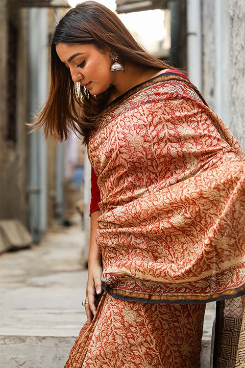 "SEPIA" BAGRU HANDBLOCK PRINT CHANDERI SILK SAREE - SootiSyahi