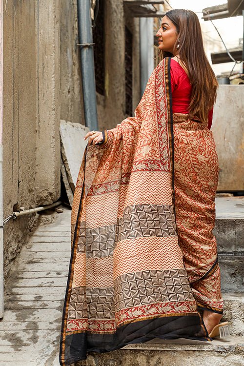 "SEPIA" BAGRU HANDBLOCK PRINT CHANDERI SILK SAREE - SootiSyahi