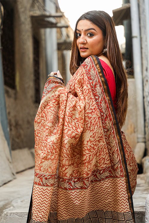 "SEPIA" BAGRU HANDBLOCK PRINT CHANDERI SILK SAREE - SootiSyahi