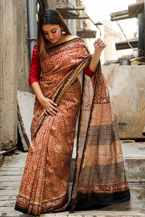 "SEPIA" BAGRU HANDBLOCK PRINT CHANDERI SILK SAREE - SootiSyahi