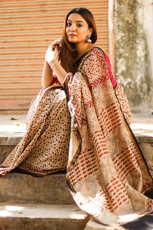 "Serendipity" BAGRU HANDBLOCK PRINT CHANDERI SILK SAREE - SootiSyahi