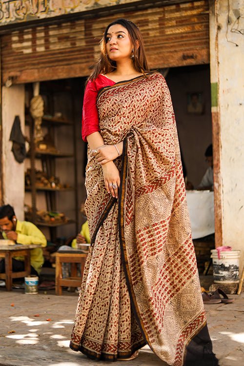 "Serendipity" BAGRU HANDBLOCK PRINT CHANDERI SILK SAREE - SootiSyahi