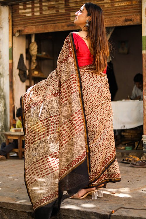"Serendipity" BAGRU HANDBLOCK PRINT CHANDERI SILK SAREE - SootiSyahi