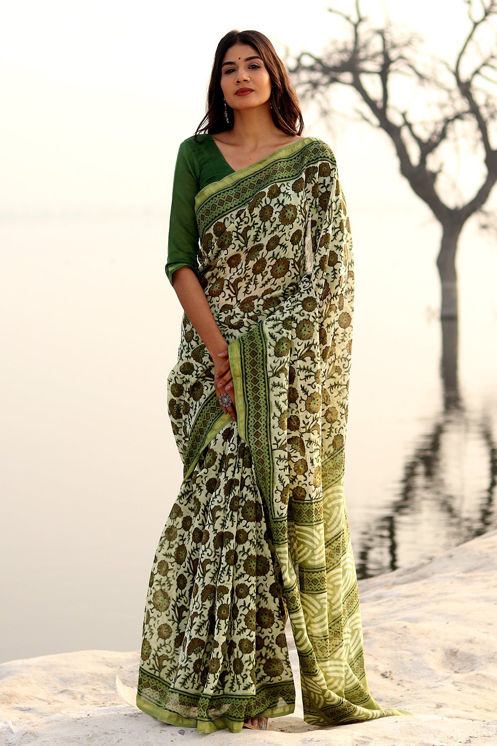 Shades Of Green Handblock Printed Chanderi Saree - SootiSyahi