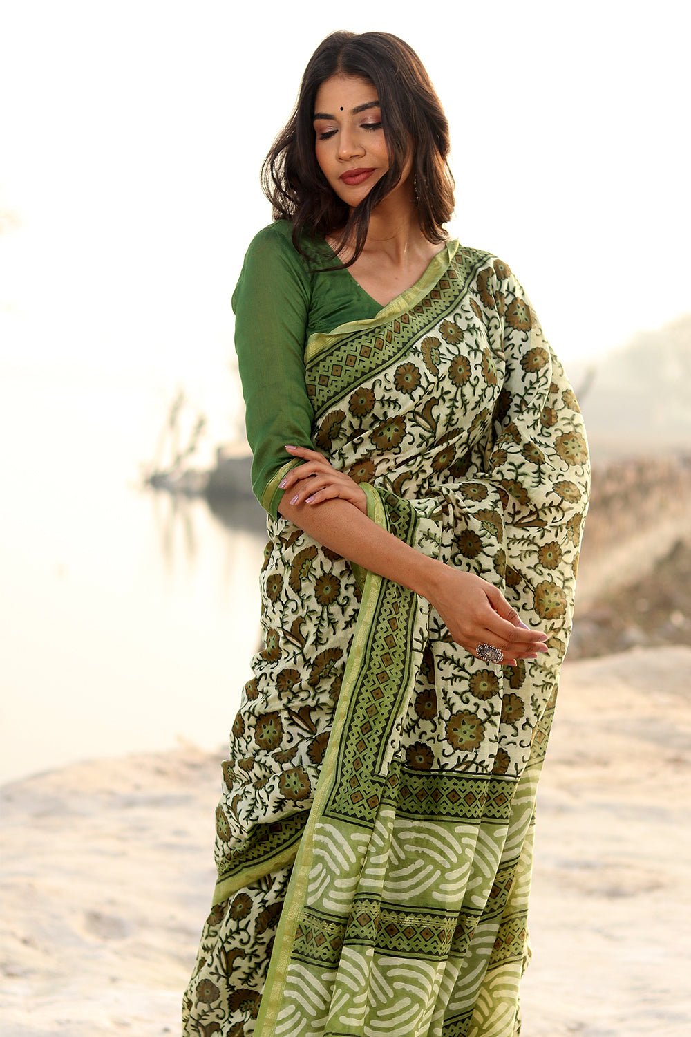 Shades Of Green Handblock Printed Chanderi Saree - SootiSyahi