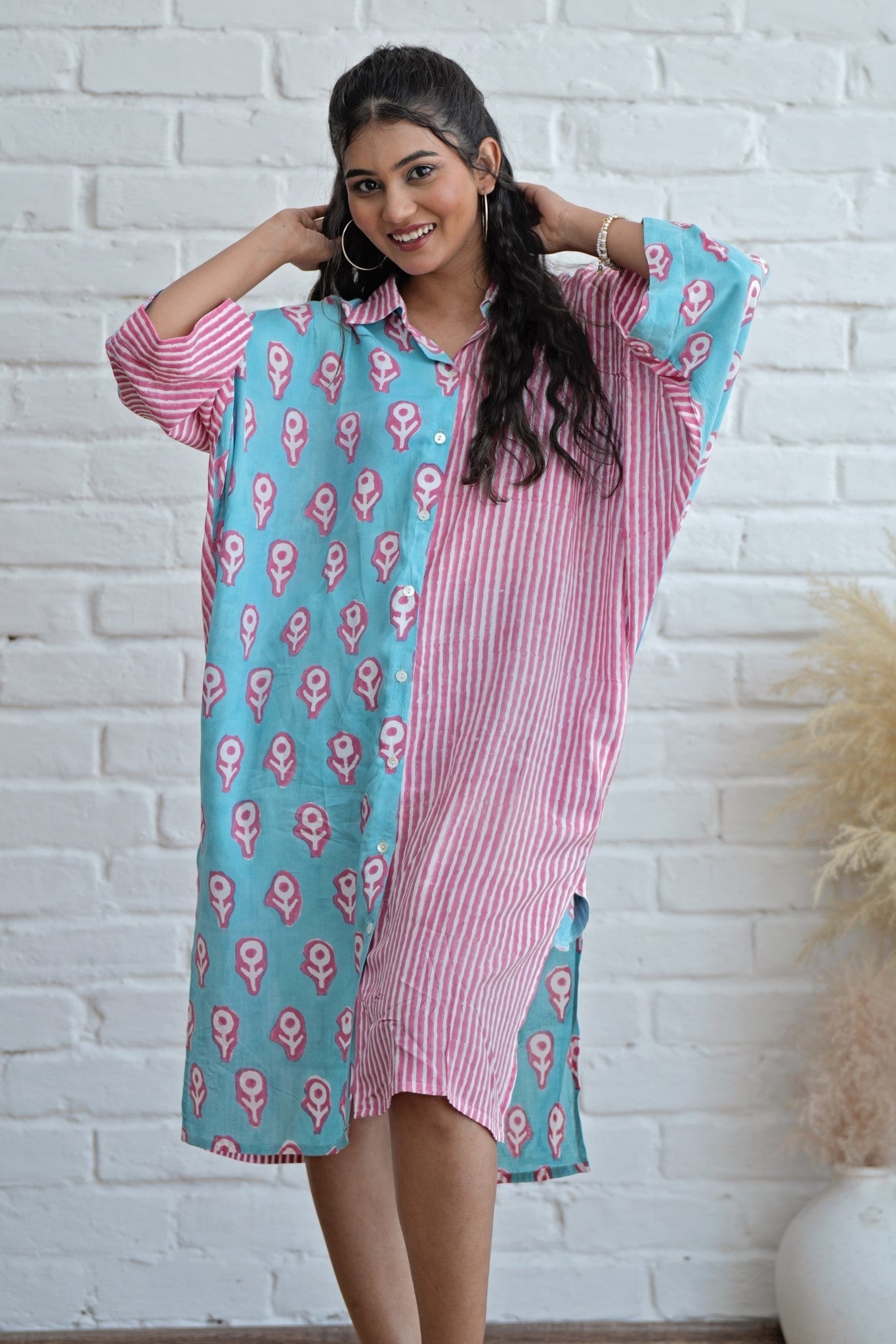 Skipper in Pink Hand Block Printed Oversize Shirt - SootiSyahi